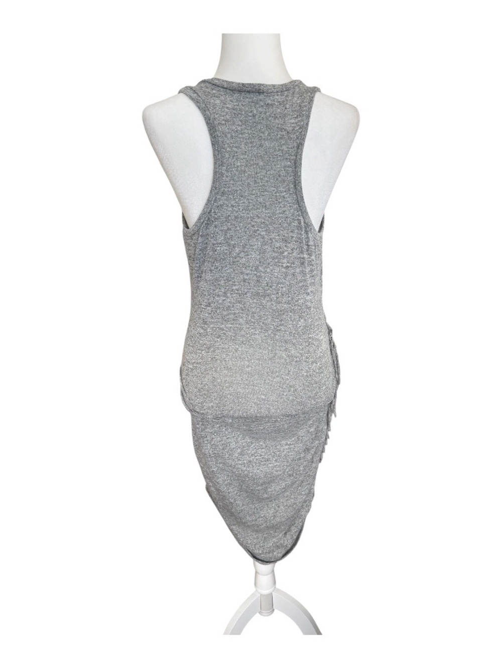 Express Sleeveless Bodycon Dress Heather Gray Ruched Fringe Side Midi M - Picture 4 of 8